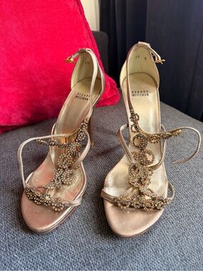 Stuart Weitzman Metallic Gold Jeweled Strappy Heels